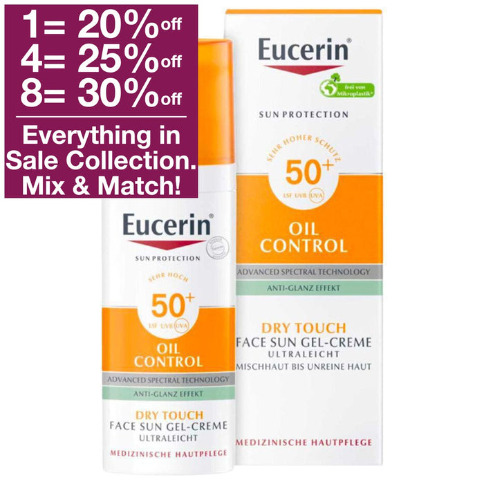 Eucerin Oil Control Sun Gel Cream SPF50+ 50ml provides trusted protection from the sun's rays with its Advanced Spectral Technology, specially formulated for oily, impure and acne prone skin. It boasts an 8-hour anti-shine effect and matte finish, plus UVA/UVB filters to block out harmful UV rays while Licochalcone A protects against free-radicals and Glycyrrhetinic acid repairs skin’s DNA. VicNic.com