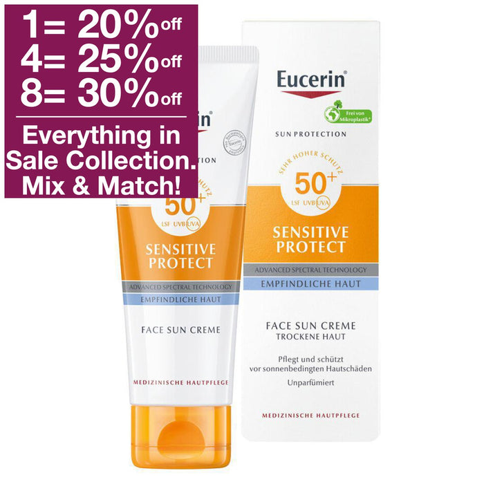Eucerin Sensitive Protect Face Sun Cream SPF 50+ offers powerful UVA/UVB protection with Advanced Spectral Technology. Its light texture and unnoticeable scent make it ideal for everyday use. Licochalcone A helps to combat oxidative damage from UV rays and high-energy visible light, while glycyrrhetinic acid helps to repair skin cells. Perfect for those with dry or sensitive skin.
