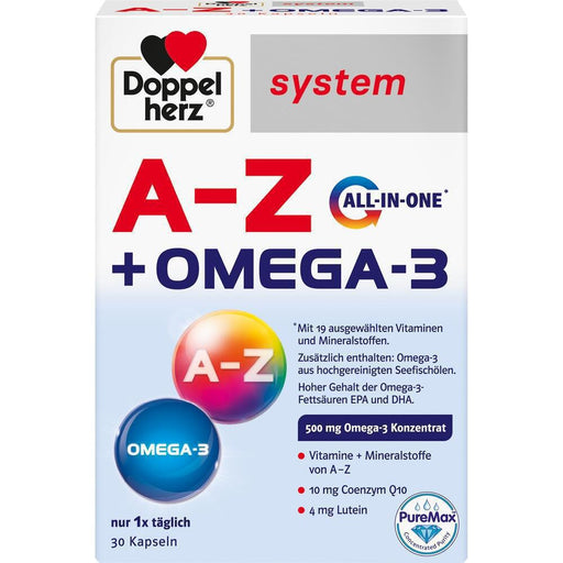 Doppelherz A-Z Omega 3 All-in-one contains carefully coordinated, a total of 19 vitamins, minerals and trace elements - from vitamin A to zinc.  A practical solution for everyone who wants an all-round supply of selected vitamins, minerals, trace elements and omega-3 fatty acids in one cap.