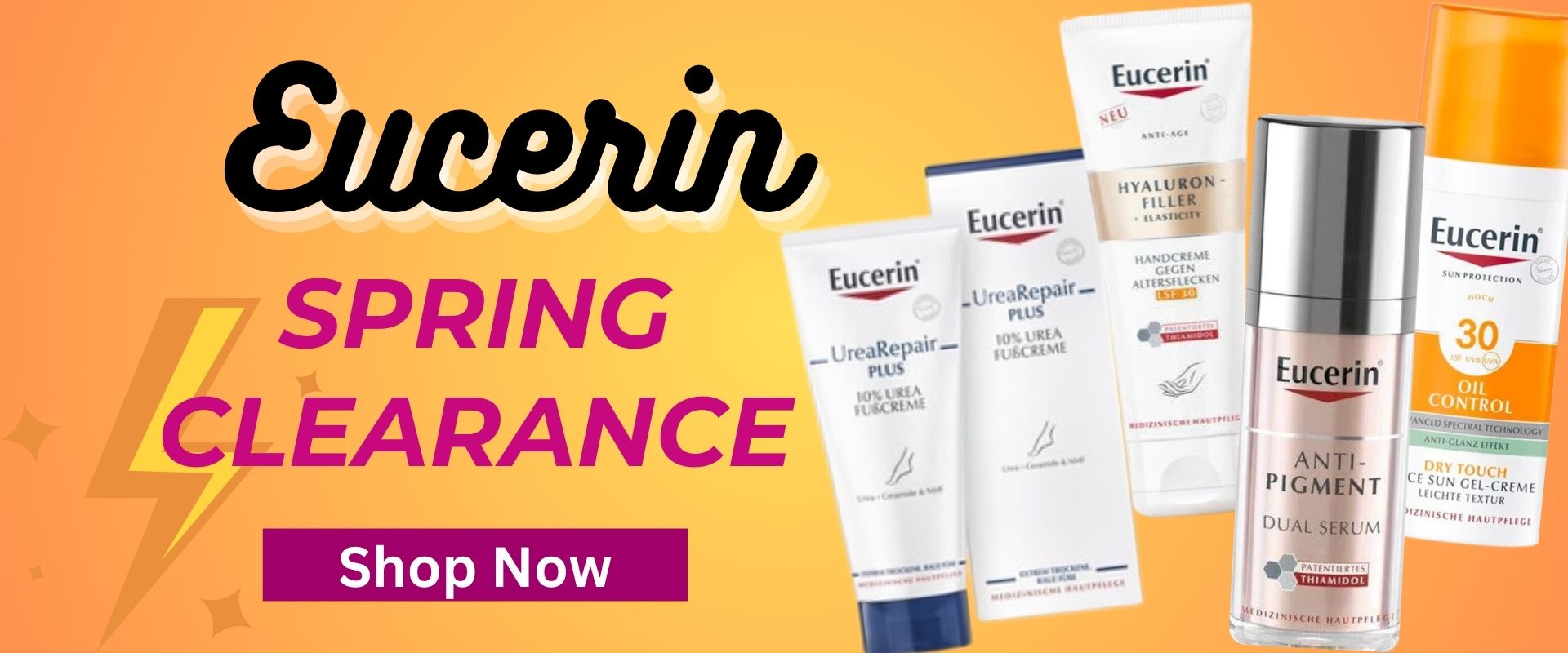 Eucerin Spring Clearance Sell includes UreaRepair Plus 10% Foot Cream, Hyaluron-Filler Hand Cream, Oil Control Sun screen and more.