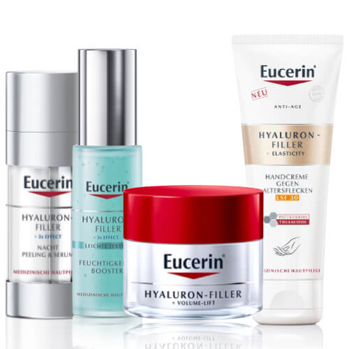 Eucerin Anti-Age Hyaluron-Filler collection includes a serum, a night peeling & serum, a hand cream and more. The subcollections span Volume-Lift, Elasticity, pore refiner, a 3d serum and a moisture booster.