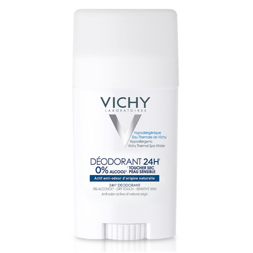 Vichy 24HR Deodorant Dry Touch provides 24 hour odor protection without any residue, so even very sensitive or depilated skin can stay fresh and odor-free.  Its mild formula is specially adapted for sensitive skin, and enriched with calming, nourishing Vichy thermal water. Skin feels invigorated and soft after applying, with no sticky or greasy residue. Dermatologically tested, it does not cause skin whitening.