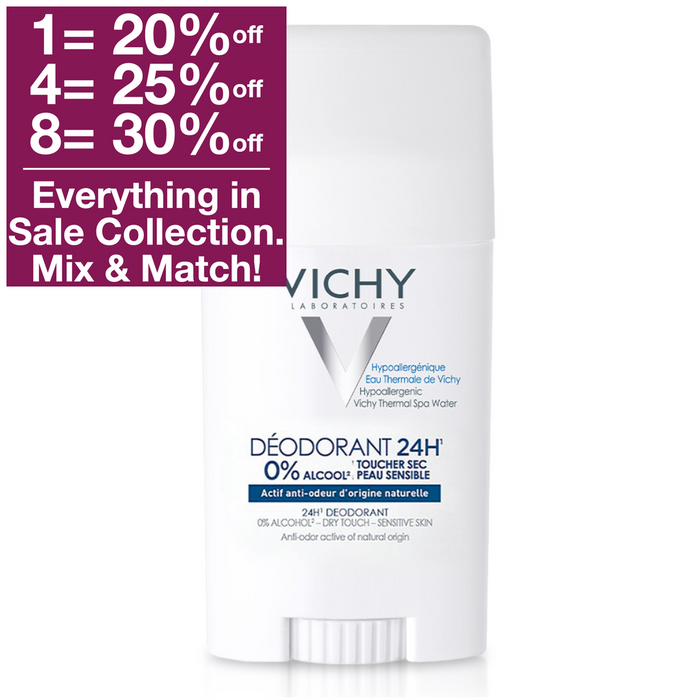 Vichy 24HR Deodorant Dry Touch provides 24 hour odor protection without any residue, so even very sensitive or depilated skin can stay fresh and odor-free.  Its mild formula is specially adapted for sensitive skin, and enriched with calming, nourishing Vichy thermal water. Skin feels invigorated and soft after applying, with no sticky or greasy residue. Dermatologically tested, it does not cause skin whitening.