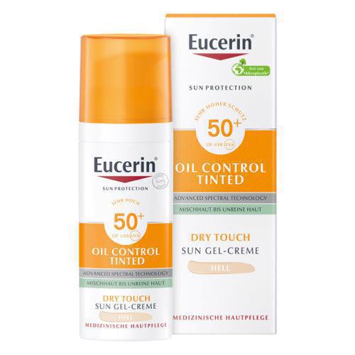 EEucerin's SPF 50+ Oil Control Sun Gel Cream (light skin tone) shields combination and blemish skin from sunburn & other sun damage for up to 12 hours with anti-shine effect! Ultra light, non-greasy, non-comedogenic, and sweat-resistant,