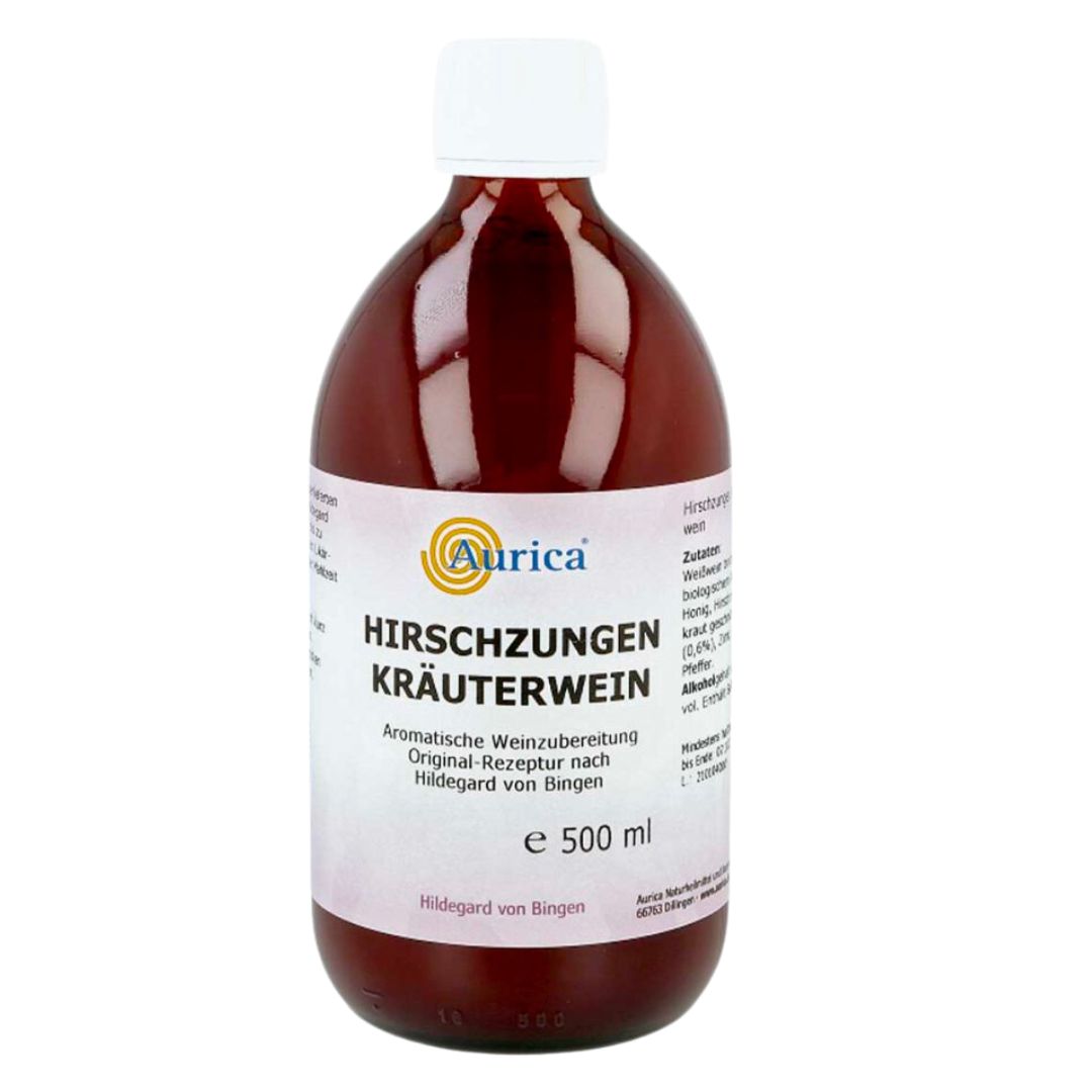 Aurica Deer Tongue Aromatic Drink 500 ml is a white wine-based elixir made with 9.5% ABV following Hildegard von Bingen's recipe. This potion is spiced with cinnamon, offering an aromatic and spicy flavor.  Based on Hildegard von Bingen research, it is believed that consuming the drink can provide natural relief for liver issues and coughing, especially during the colder months. For best results, preferably to take over an extended period. VicNIc.com