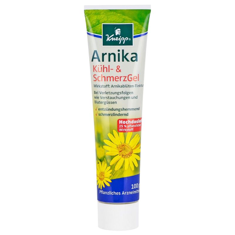 A 100 ml squeeze tube of Knipp Arnika Kühl- & Schmerzgel, featuring a white tube with green, blue, and yellow flower graphics, on a plain white background.