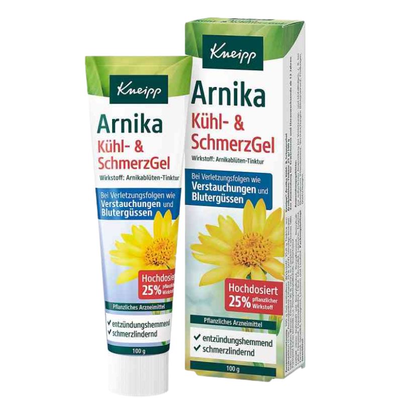 Kneipp Arnika Kühl- & Schmerzgel tube and matching retail box on a plain white background.