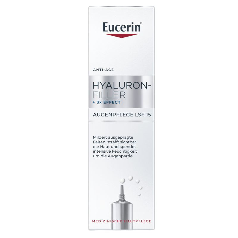 A tall, narrow white box of Eucerin Hyaluron-Filler Anti-Age eye care product on a plain white background, with black text and a small red Eucerin logo at the top.