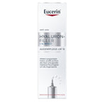 A tall, narrow white box of Eucerin Hyaluron-Filler Anti-Age eye care product on a plain white background, with black text and a small red Eucerin logo at the top.