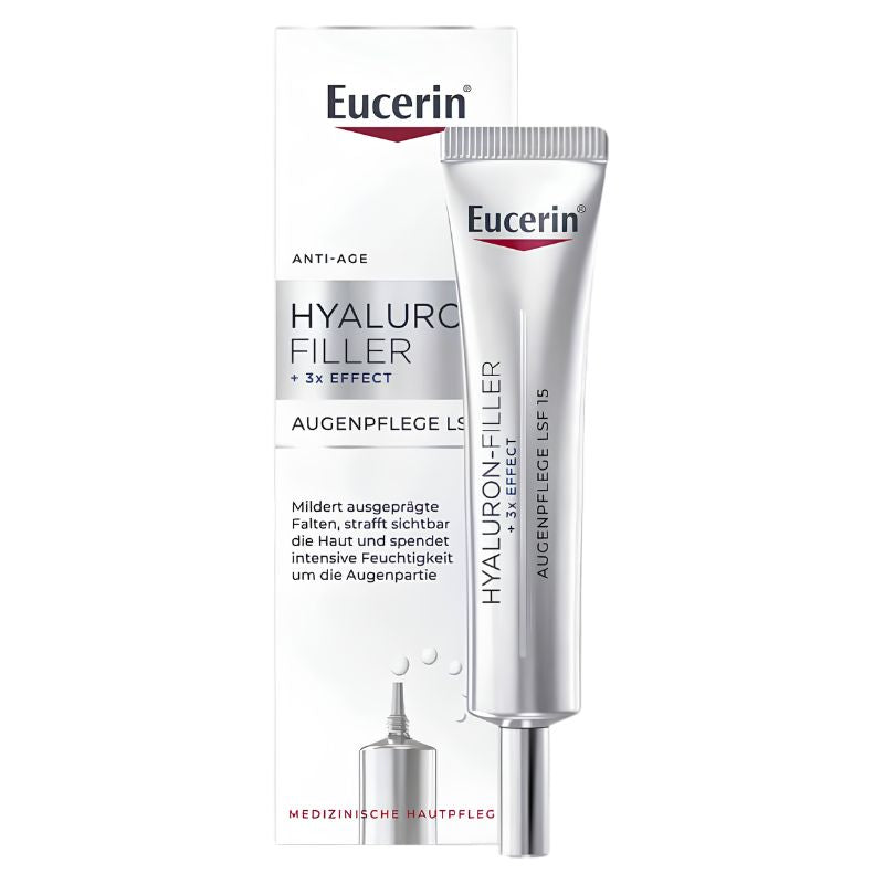 Eucerin Hyaluronic Filler + 3X Effect eye care set, featuring a silver squeeze tube and its white and silver packaging box on a clean white background.