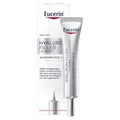 Eucerin Hyaluronic Filler + 3X Effect eye care set, featuring a silver squeeze tube and its white and silver packaging box on a clean white background.
