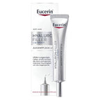 Eucerin Hyaluronic Filler + 3X Effect eye care set, featuring a silver squeeze tube and its white and silver packaging box on a clean white background.