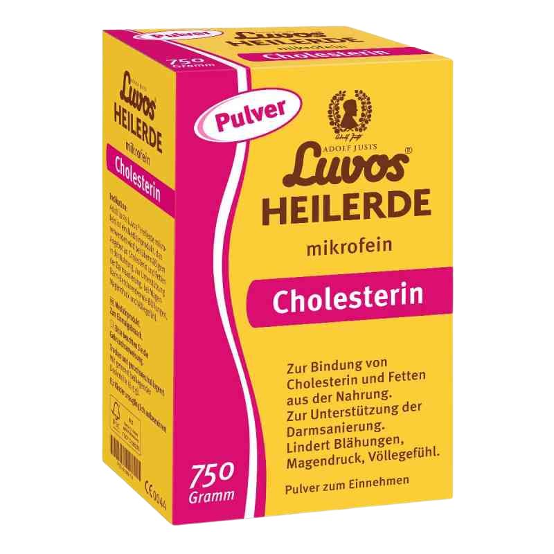 A box of Luwos Heilerde Cholesterin microfein dietary supplement powder, featuring a bright yellow and magenta color scheme with German text.