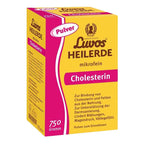 A box of Luwos Heilerde Cholesterin microfein dietary supplement powder, featuring a bright yellow and magenta color scheme with German text.