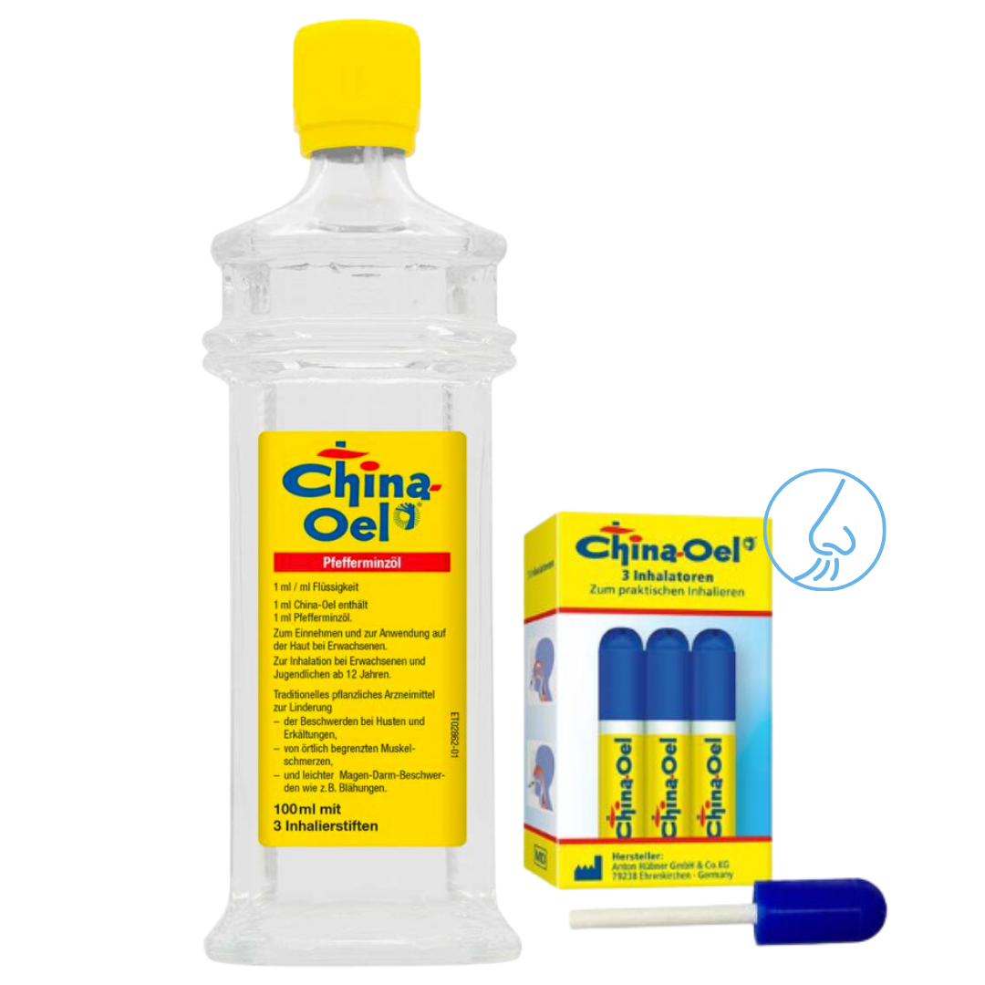 Close up picture of the China Oel bottle and the package of the 3 inhalers
