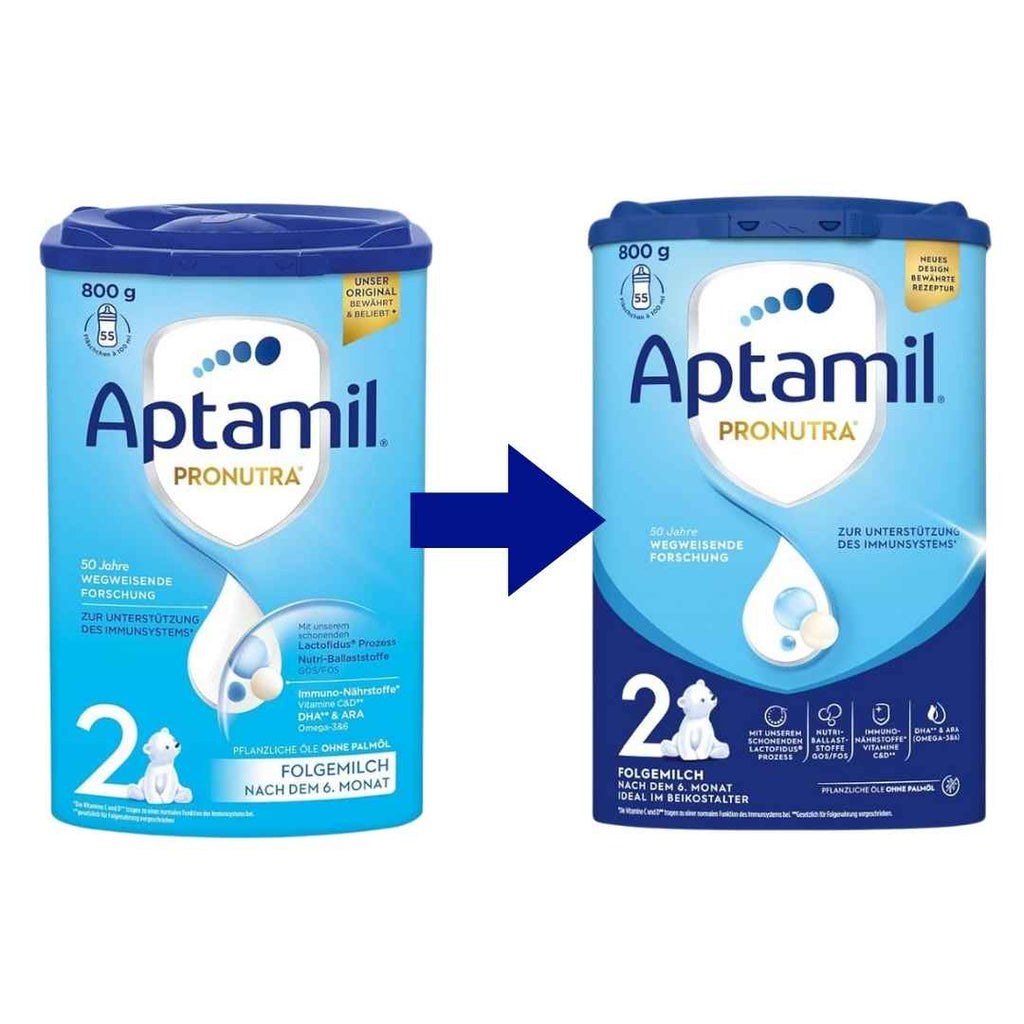 Two containers of Aptamil Pronutra milk powder with aold and new design