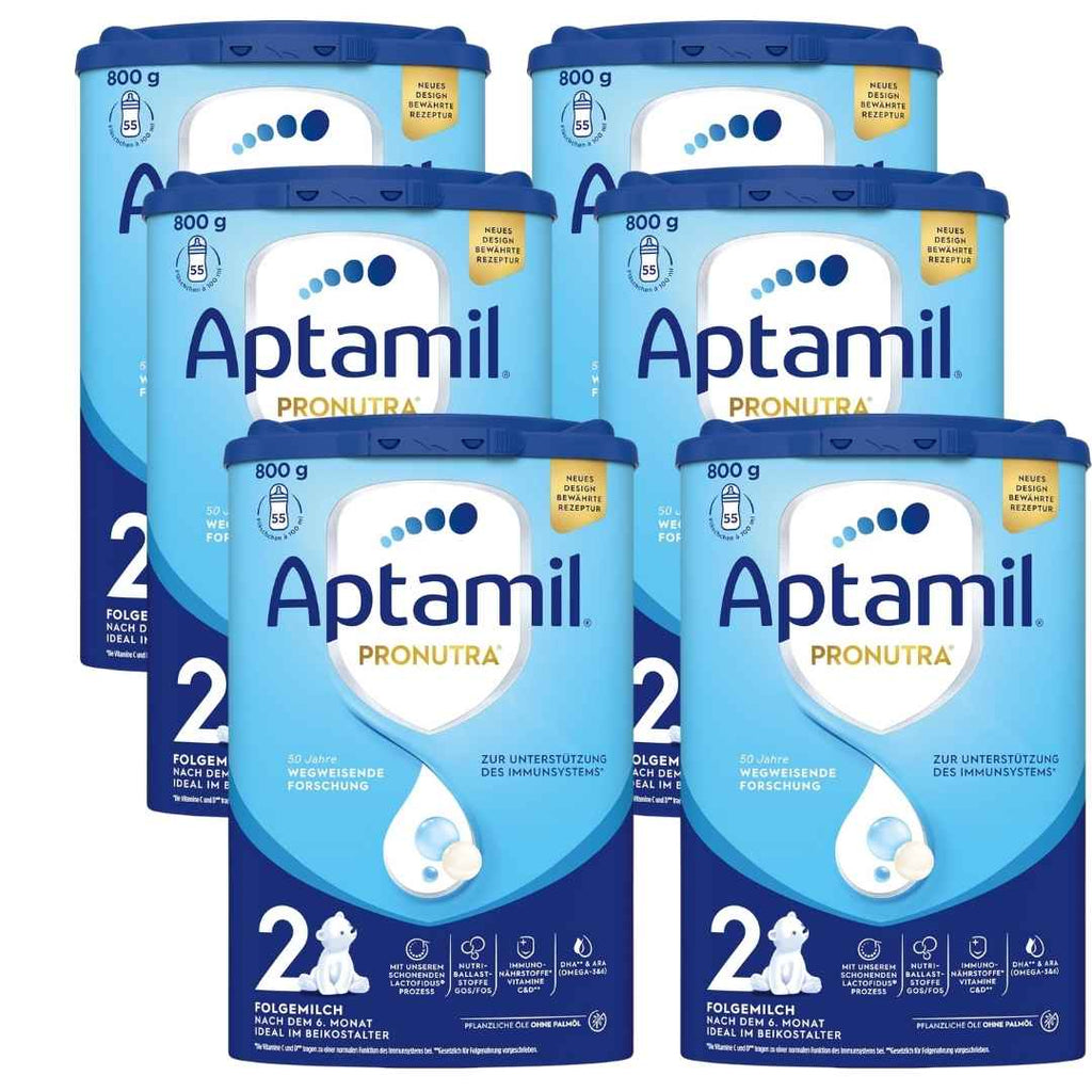 6 packages of Aptamil Pronutra 2 baby formula on a white background