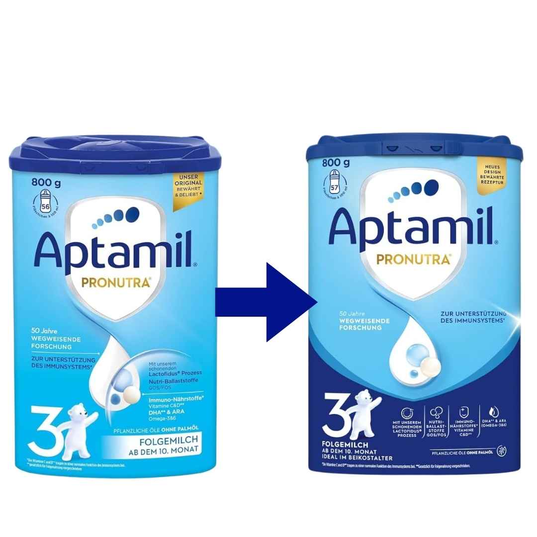 Two packages of Aptamil Pronutra 3 milk powder with old and new design
