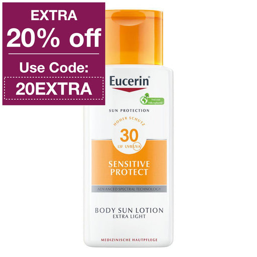 Eucerin Sun Lotion Extra Light SPF30 provides long-lasting protection against UVA/UVB rays with Tinosorb S, plus Licorice Extract to help shield cells from sun-induced damage. It's quickly absorbed, lightweight and non-greasy, with water-resistant properties and a "Anti-stain after washing" technology. Clinically and dermatologically tested, it's suitable for even sensitive skin and atopic dermatitis.