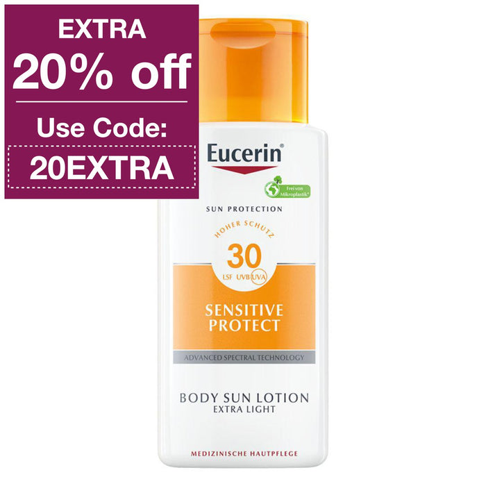 Eucerin Sun Lotion Extra Light SPF30 provides long-lasting protection against UVA/UVB rays with Tinosorb S, plus Licorice Extract to help shield cells from sun-induced damage. It's quickly absorbed, lightweight and non-greasy, with water-resistant properties and a "Anti-stain after washing" technology. Clinically and dermatologically tested, it's suitable for even sensitive skin and atopic dermatitis.