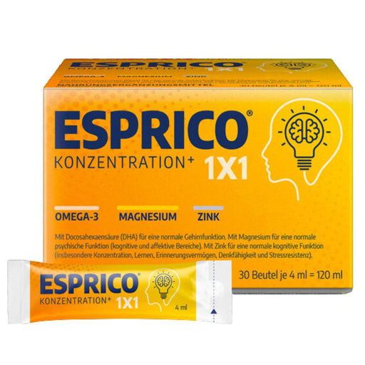 Formulated in balanced mixture sea fish oil with the valuable Omega-3 fatty acids eicosapentaenoic acid (EPA) and docosahexaenoic acid (DHA) and vegetable evening primrose oil. This Esprico® particularly rich in polyunsaturated fatty acids. DHA takes care of daily intake of 250 mg from all sources for normal brain function. In addition, there are the minerals contain magnesium and zinc which are important are for normal mental function (Magnesium) and a normal cognitive function (zinc).