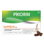 A box of PRIORIN Kapseln 120 dietary supplement capsules, featuring a green and white design with a small illustration of a hair follicle and three brown capsules shown in the lower right corner.