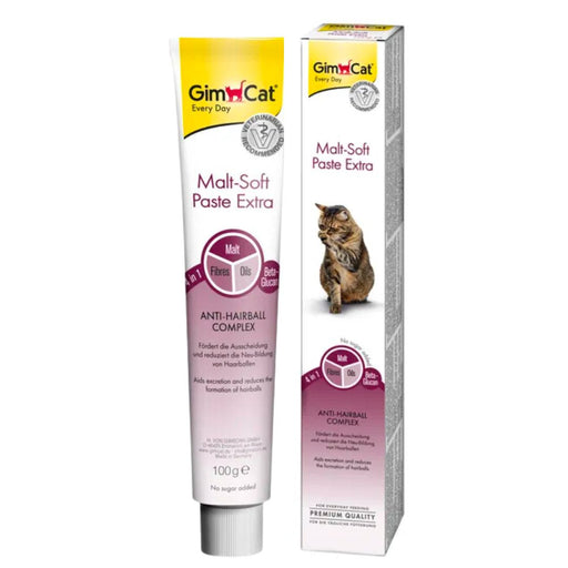 The GimCat Malt-Soft Paste Extra contains an anti-hairball complex that has a double effect. The combination of malt extract, high-quality oils and roughage supports the natural passage of swallowed hair and thus reduces the formation of new hairballs. Indigestion caused by the formation of lumps is also prevented and the beta glucan it contains supports the gastrointestinal tract. VicNic.com