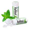 Two tubes of miradent Xylitol Chewing Gum, one standing upright and one lying on its side with the cap off, alongside a few white gum pieces and fresh green mint leaves on a white background.