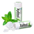Two tubes of miradent Xylitol Chewing Gum, one standing upright and one lying on its side with the cap off, alongside a few white gum pieces and fresh green mint leaves on a white background.