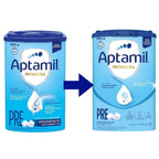 Two containers of Aptamil Pronutra milk powder , old and new design.