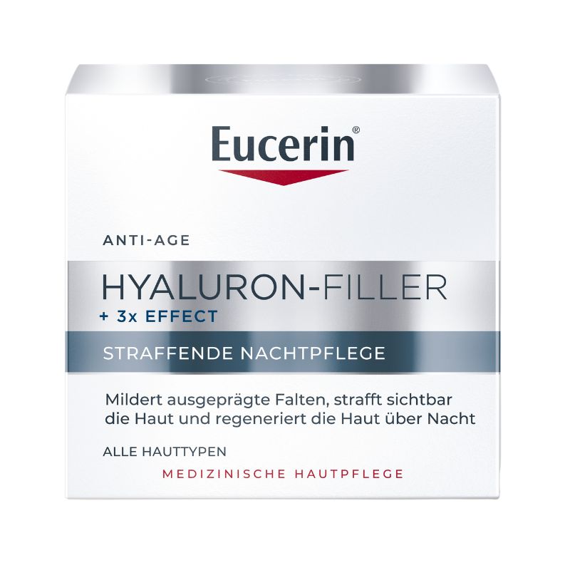 Eucerin Anti-Age Hyaluron-Filler + 3x Effect skincare box, featuring a white and silver design with a red logo accent, shown on a clean white background.