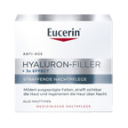 Eucerin Anti-Age Hyaluron-Filler + 3x Effect skincare box, featuring a white and silver design with a red logo accent, shown on a clean white background.