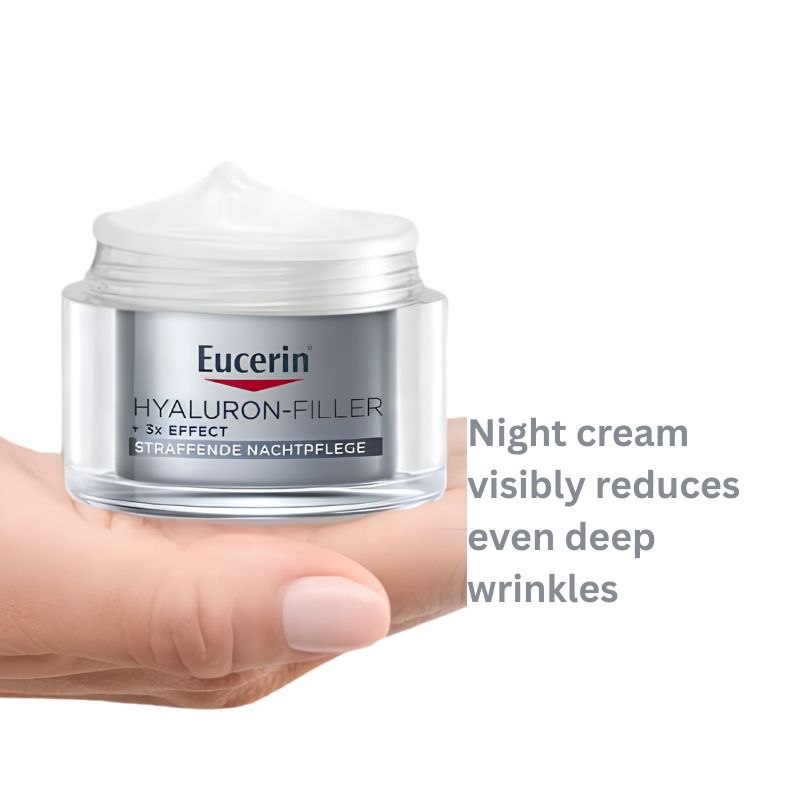 A hand holding an open jar of Eucerin Hyaluron-Filler night cream against a white background, with gray text on the right stating 'Night cream visibly reduces even deep wrinkles'.