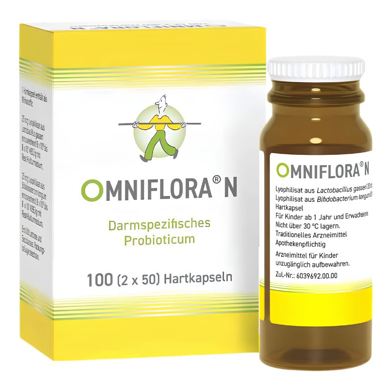 A bottle and box of Omniflora N Darmspezifisches Probiotikum, showing the product packaging and container on a plain white background.