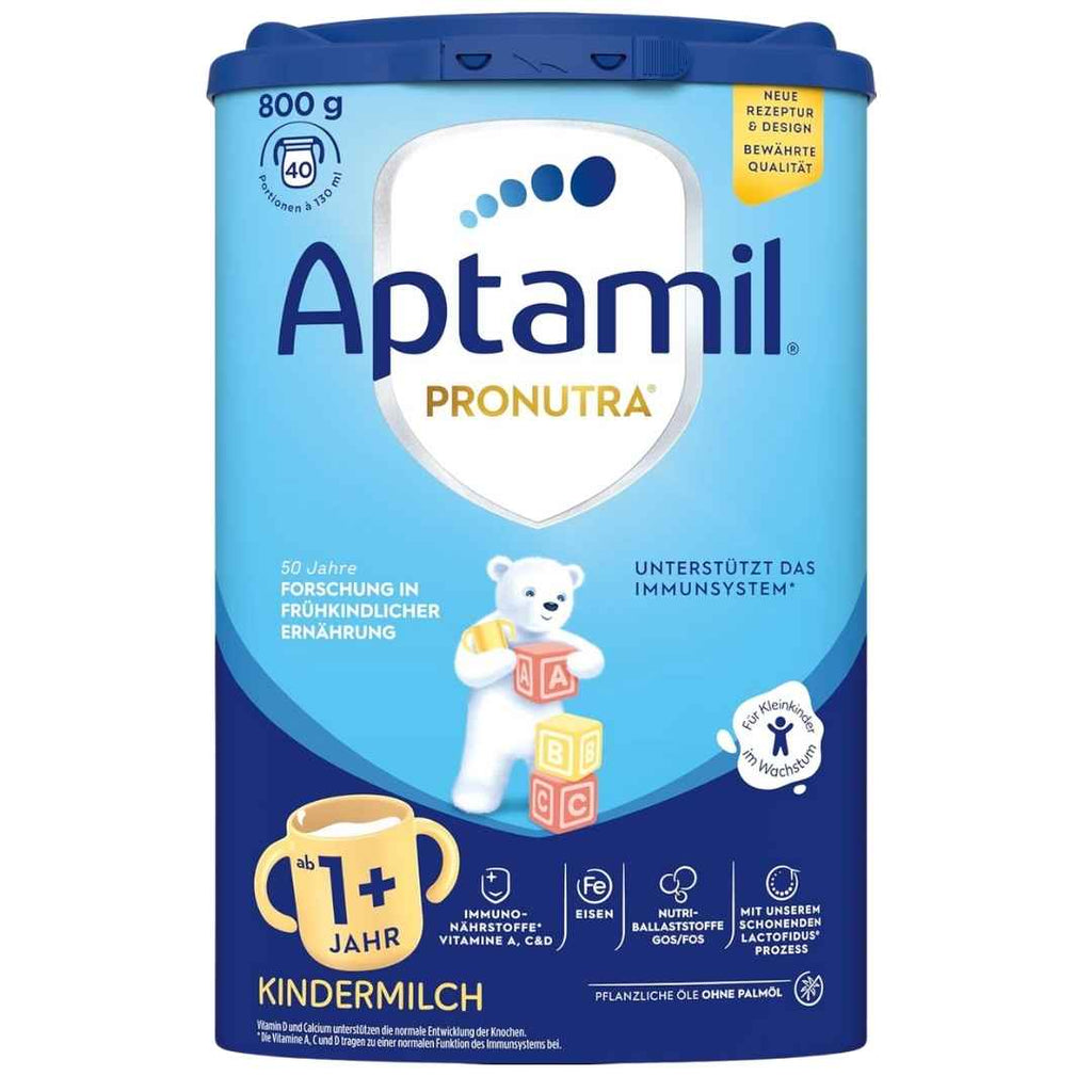 Aptamil Pronutra 1+ baby formula powder container with blue lid and white label.