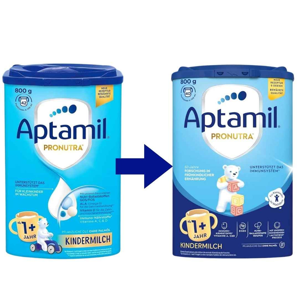 Two containers of Aptamil Pronutra milk powder with a blue arrow between them.