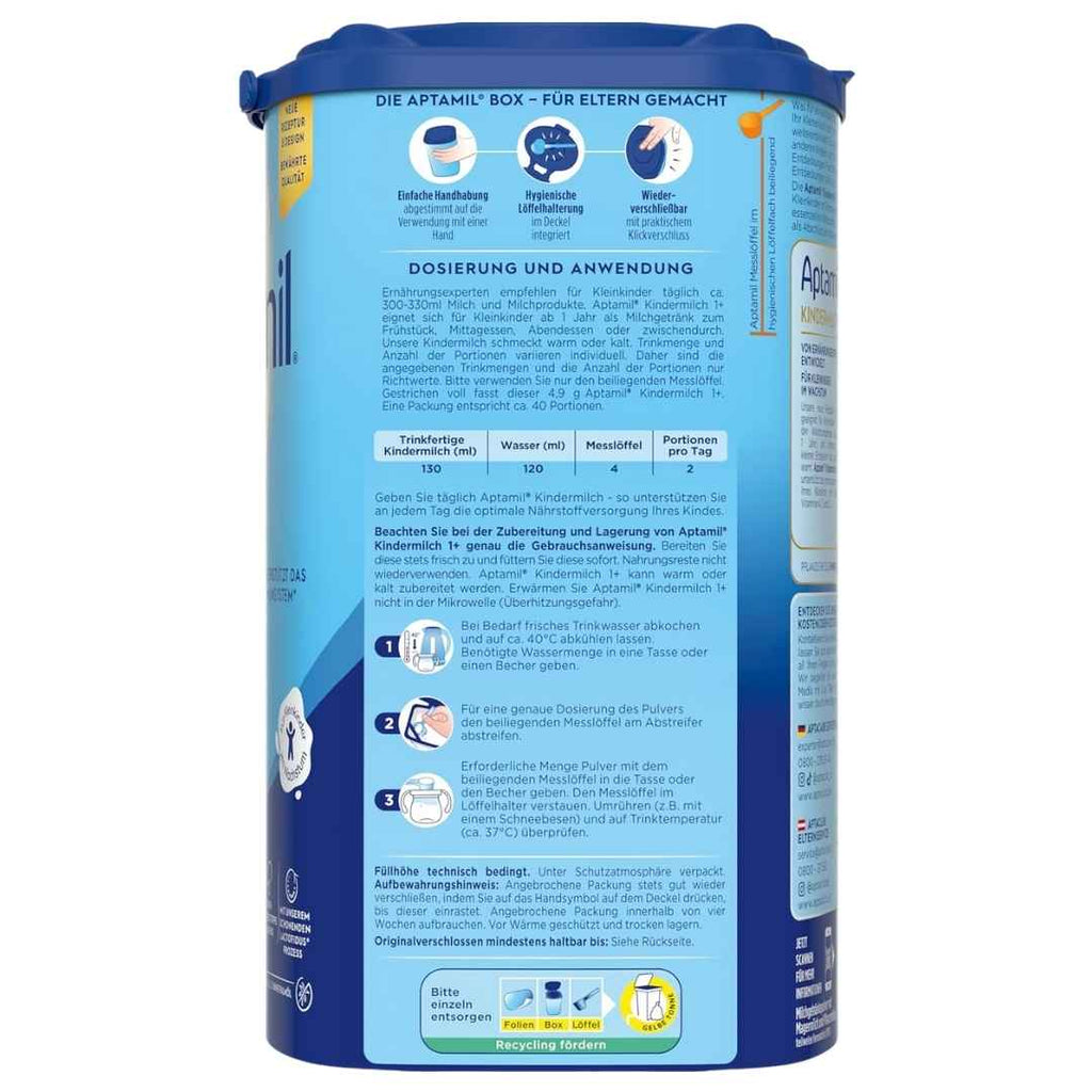 Back view of a blue and white Aptamil baby powder container with text and icons.