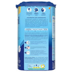 Back view of a blue and white Aptamil baby powder container with text and icons.