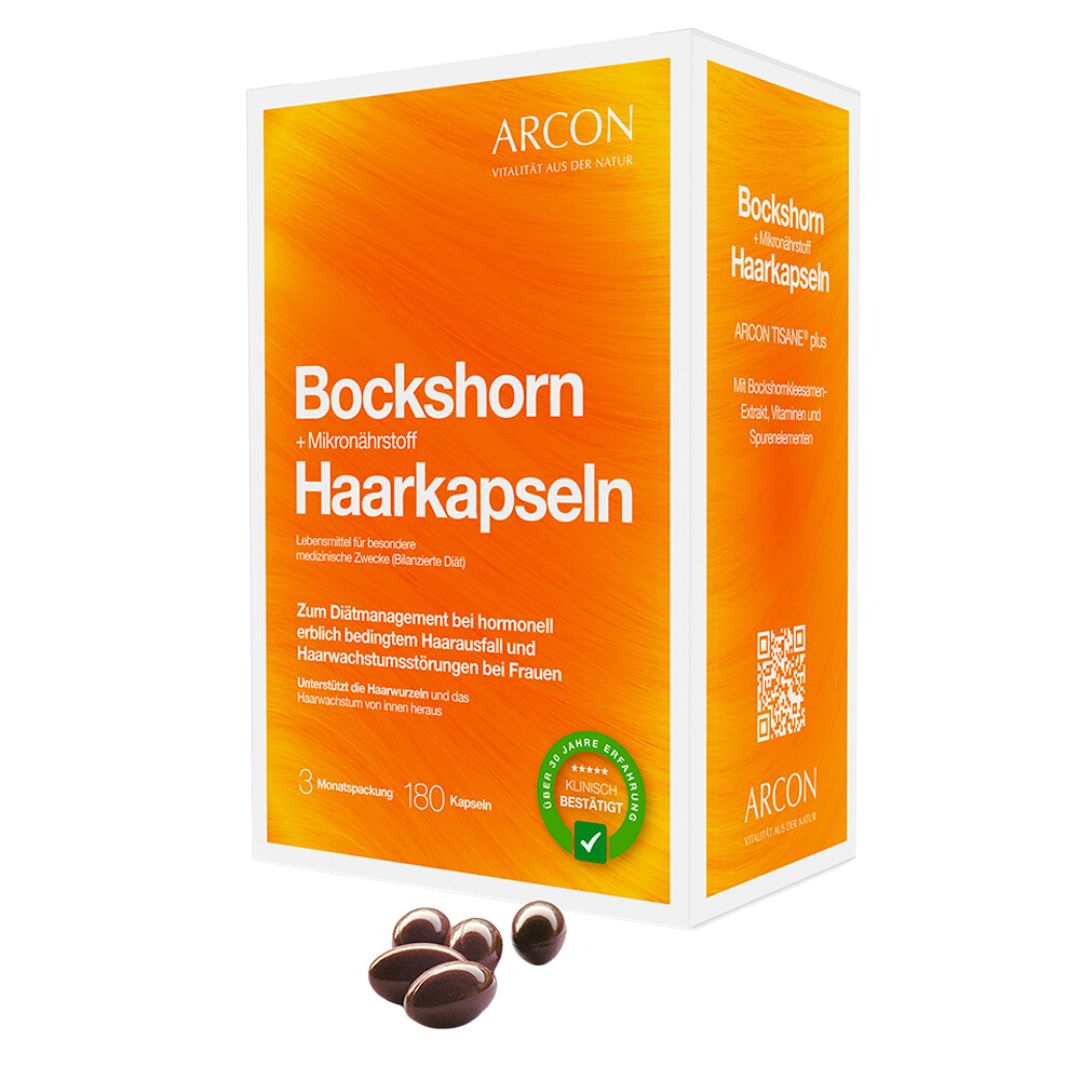 For dietary management of hormonally hereditary hair loss and hair growth disorders in women. Supports the hair roots and hair growth from within