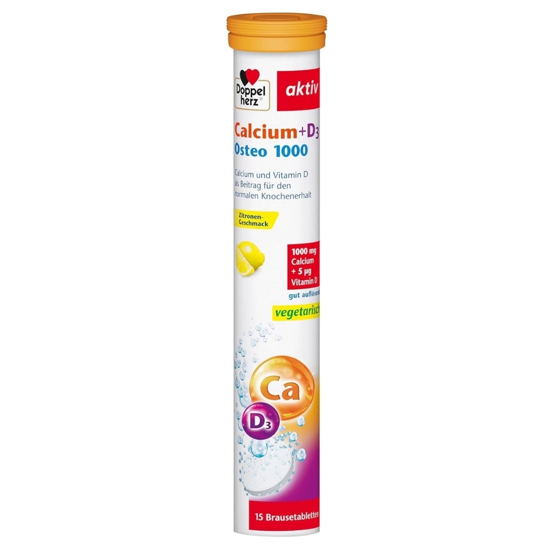 Tube of Calcium+D3 Osteo 1000 supplement with branding on a white background