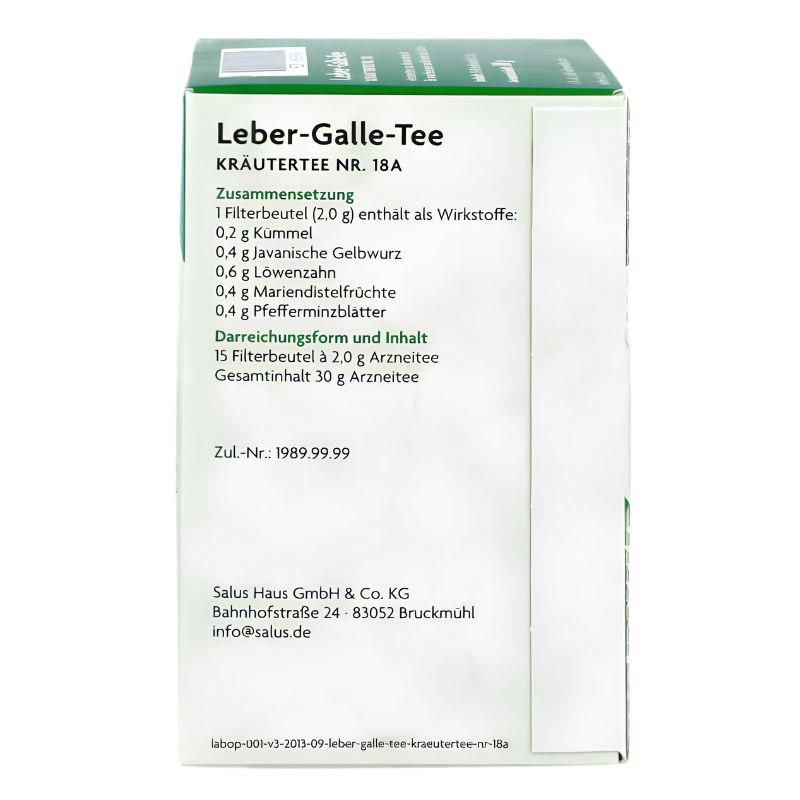The back of a white and green cardboard box of Salus Haus & Co. KG Leber-Galle-Tee (liver gourd tea) showing the ingredients list in German.