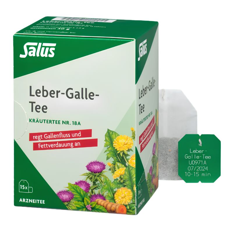 Salus Leber-Galle-Tee herbal tea packaging, showing a green and white box with illustrations of flowers and a single tea bag next to a green product label.