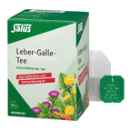 Salus Leber-Galle-Tee herbal tea packaging, showing a green and white box with illustrations of flowers and a single tea bag next to a green product label.