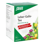 A box of Salus Leber-Galle-Tee herbal tea, featuring a white and green packaging design with illustrations of yellow flowers and green leaves, on a clean white background.
