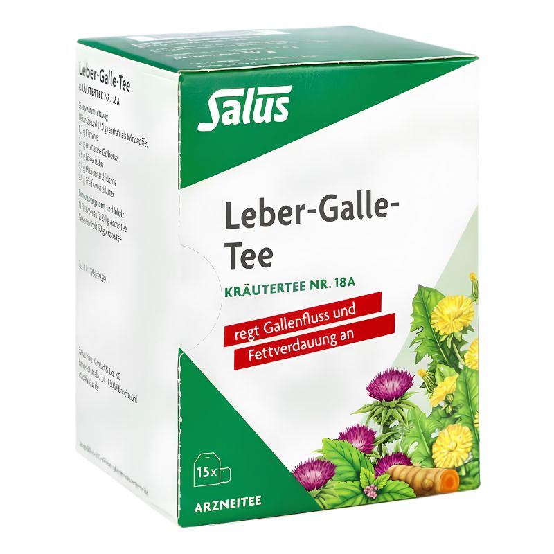 A box of Salus Leber-Galle-Tee herbal tea, featuring a white and green packaging design with illustrations of yellow flowers and green leaves, on a clean white background.