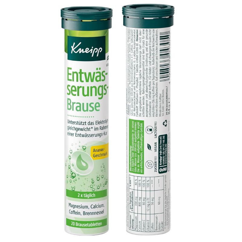 Two views of a Kneipp Entwässerungsbrause daily electrolyte supplement tube, showing the front label and the back packaging details on a white background.