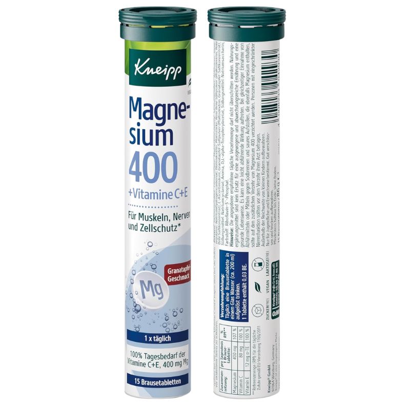 Two tubes of Kneipp Magnesium 400 supplement tablets shown on a plain white background, with one tube facing forward and the other showing the back label.