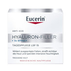A white rectangular box of Eucerin Anti-Age Hyaluron-Filler + 3x Effect daily skincare, featuring a metallic silver band and red logo accent on a white background.