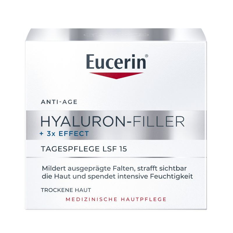A white rectangular box of Eucerin Anti-Age Hyaluron-Filler + 3x Effect daily skincare, featuring a metallic silver band and red logo accent on a white background.