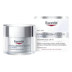 Eucerin Hyaluron-Filler + 3x Effect anti-age facial cream jar next to its white and silver packaging box, shown on a clean white background.
